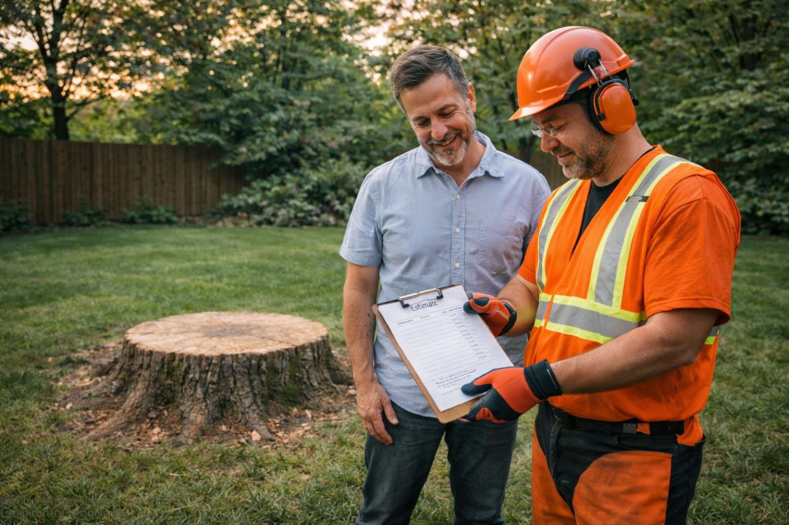 Homeowner and tree service professional reviewing a stump grinding estimate on a clipboard in a suburban backyard