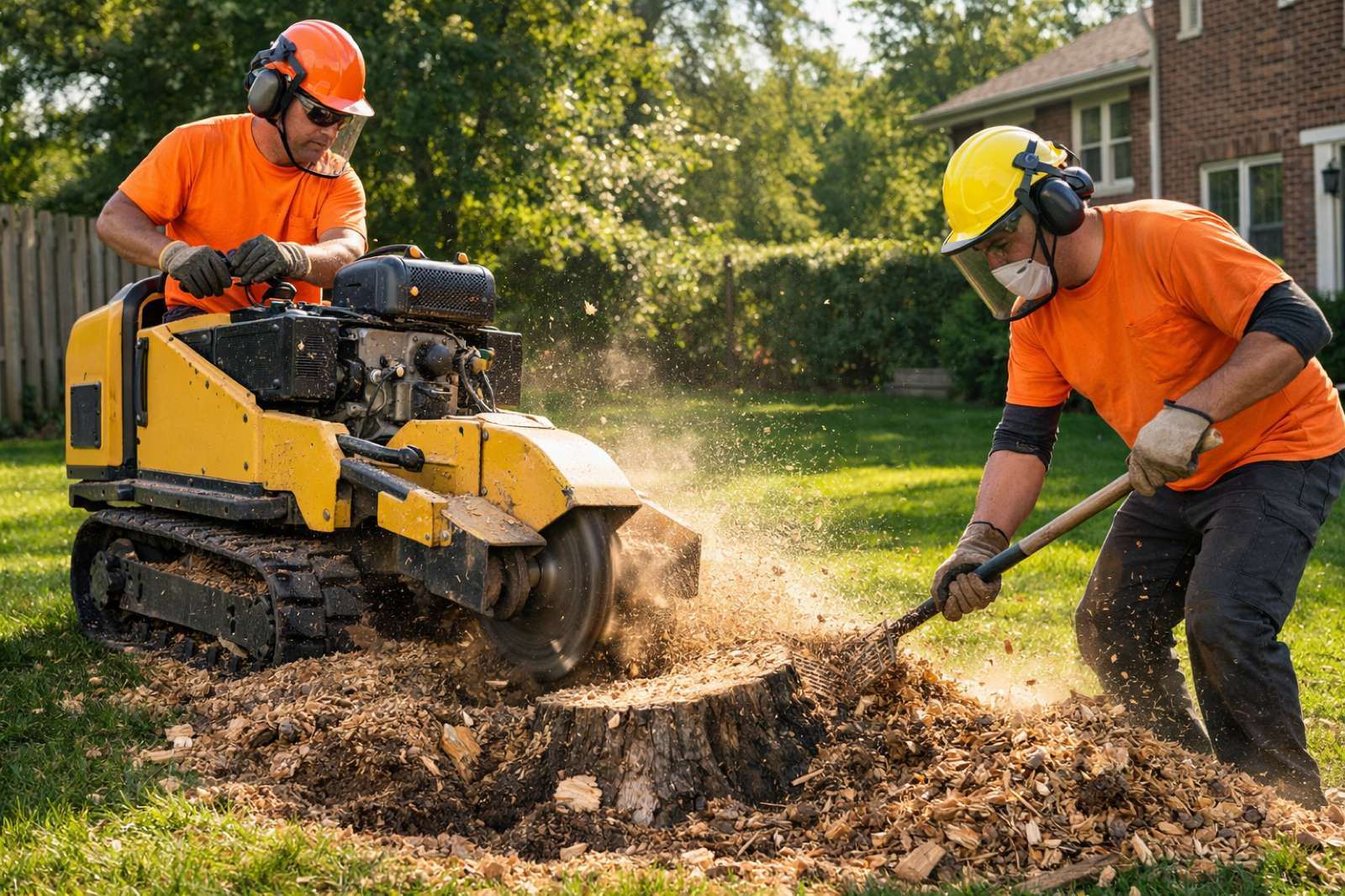 Professional stump grinding crew operating a tracked commercial grinder in a suburban Chicago backyard